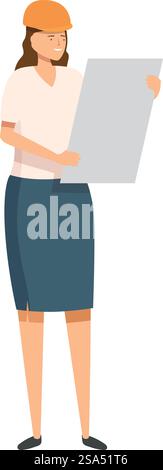 Female architect holding blueprint wearing hard hat analyzing construction plan. Confident female architect is reviewing blueprints on a construction site Stock Vector