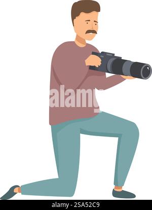 Photographer is kneeling down and taking pictures using a camera with a telephoto lens. Professional photographer kneeling and taking pictures with a telephoto lens Stock Vector
