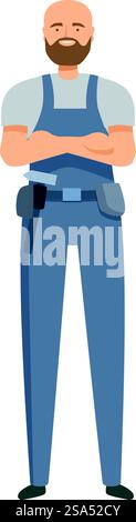 Confident construction worker smiling with arms crossed wearing tool belt. Builder is posing with his arms crossed, ready to start working Stock Vector
