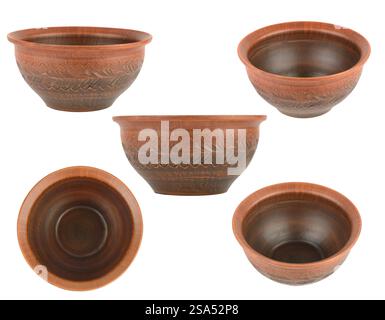 Collection deep bowls different angles isolated on white background Stock Photo