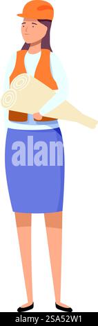 Female architect is holding blueprints, conveying professionalism and expertise in the architecture industry. Confident female architect holding blueprints wearing hard hat and safety vest Stock Vector