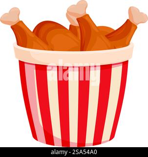 Bucket full of crispy fried chicken legs standing on white background. Three crispy fried chicken legs in red and white striped bucket Stock Vector