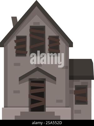 Gloomy abandoned house with boarded up windows and doors standing on white background. Abandoned house with boarded up windows and doors standing on white background Stock Vector