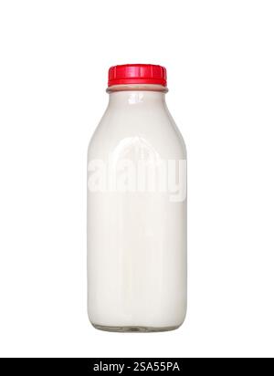 Full bottle of milk with red top isolated cutout on white Stock Photo