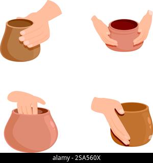 Pottery manufacturing icons set cartoon vector. Creating clay vase on wheel. Pottery master class. Pottery manufacturing icons set cartoon vector. Creating clay vase on wheel Stock Vector