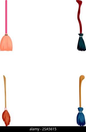 Set of four colorful cartoon brooms isolated on white background, ideal for cleaning themes. Collection of cartoon brooms vector illustration Stock Vector