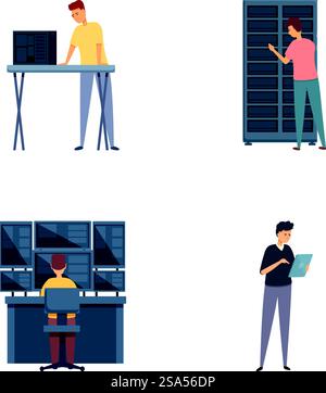 System administration icons set cartoon vector. Man adjusting network connection. Service maintenance. System administration icons set cartoon vector. Man adjusting network connection Stock Vector
