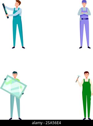 Collection of four vector illustrations featuring handymen with tools and equipment. Set of professional handymen characters Stock Vector