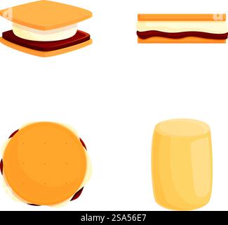 Collection of four cartoonstyle fast food items including a sandwich, smores, burger, and a drink. Cartoon fast food elements set Stock Vector