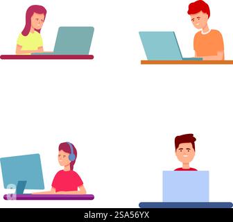 Programmer people icons set cartoon vector. Software development team. Web development, programming. Programmer people icons set cartoon vector. Software development team Stock Vector