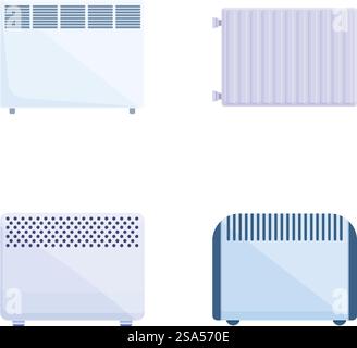 Radiator icons set cartoon vector. Equipment for providing heat at home. Heating device. Radiator icons set cartoon vector. Equipment for providing heat at home Stock Vector