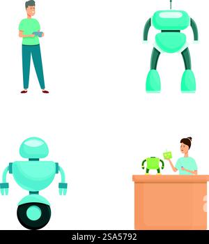A collection of illustrations featuring humans and robots in various interactions. Futuristic robotics and human interaction set Stock Vector