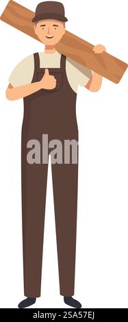 Smiling carpenter is carrying a large wooden plank on his shoulder and giving a thumbs up. Confident carpenter holding wooden plank and showing thumb up gesture Stock Vector