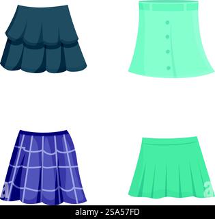 Collection of four different skirt designs in a flat vector style, suitable for fashion concept visuals. Set of various skirts styles vector illustration Stock Vector