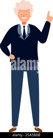Albert einstein wearing a suit is standing and pointing up with his index finger. Albert einstein pointing up with index finger having an idea Stock Vector