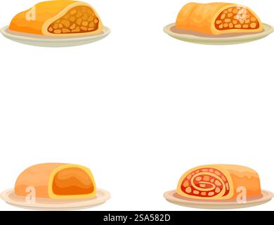 Set of four vector illustrations showcasing different filled bread rolls on plates. Assorted bread rolls vector illustrations Stock Vector