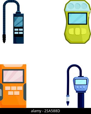 Collection of four vector icons depicting gas station pump handles and fuel meters. Set of digital gas pump nozzles and meters icons Stock Vector