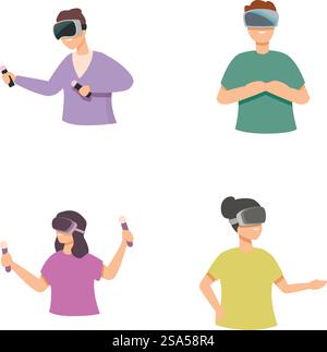 Illustration collection showing diverse individuals engaged in virtual reality experiences. Set of people using vr headsets Stock Vector