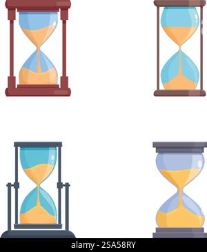 Vector illustration of four hourglasses with different designs, isolated on white. Set of four flat style hourglass icons Stock Vector