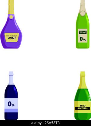 Vector illustration set of four different nonalcoholic wine bottles isolated on white background. Assortment of nonalcoholic beverage bottles vector set Stock Vector