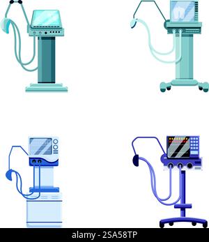 Respiratory ventilator icons set cartoon vector. Equipment for lung ventilation. Life support or resuscitation. Respiratory ventilator icons set cartoon vector. Equipment for lung ventilation Stock Vector