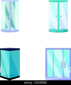 Transparent door icons set cartoon vector. Various clear glass door. Interior element. Transparent door icons set cartoon vector. Various clear glass door Stock Vector