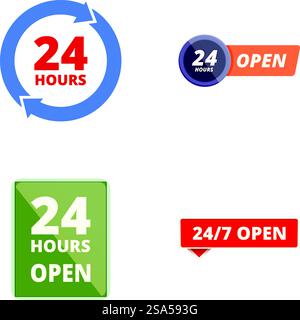 247 always open roundtheclock service icons set for nonstop customer support and accessibility in business operations. Collection of four colorful icons representing 24hour service availability Stock Vector