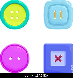 Colorful digital illustration of four different clothing buttons and garment fasteners. Assorted buttons and fasteners illustration Stock Vector