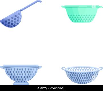 Cook colander icons set cartoon vector. Colander of various shape and color. Kitchenware. Cook colander icons set cartoon vector. Colander of various shape and color Stock Vector