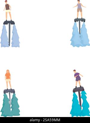 Four illustrations depicting women practicing paddleboard yoga on calm waters. Aquatic balance women on paddleboards Stock Vector