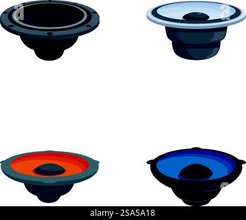Isolated vector icons of sound speakers in black, silver, red, and blue, on a white background. Set of four speaker icons in various colors Stock Vector
