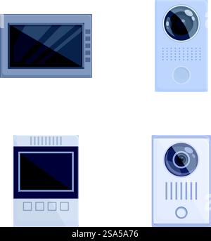 Video intercom icons set cartoon vector. Video audio door phone entry system. Entrance security device. Video intercom icons set cartoon vector. Video audio door phone entry system Stock Vector