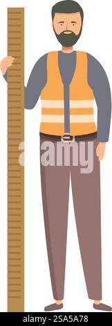 Construction worker character holding measuring level tool for measuring length and height. Construction worker character is holding measuring level tool Stock Vector