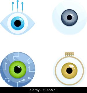 Detailed collection of stylized eye and camera lens icons, perfect for tech and surveillance concepts. Set of four highquality vector camera and eye icons Stock Vector