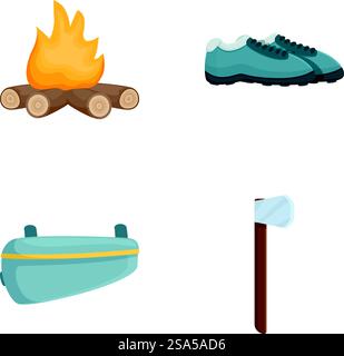 Set of four vector icons depicting camping equipment including a campfire, hiking shoe, fanny pack, and axe. Collection of camping essentials icons Stock Vector