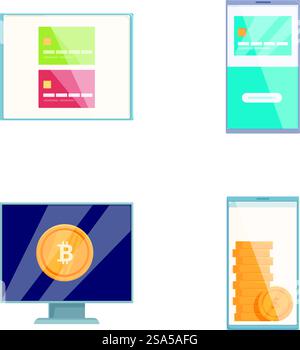 Flat design vector illustration of digital finance icons set for mobile banking, cryptocurrency transactions, secure electronic payments, and wealth management in modern fintech technology. Collection of flat design icons featuring digital banking and cryptocurrency Stock Vector