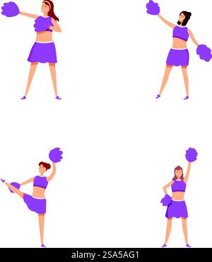 Dynamic and energetic cheerleader poses collection set with female characters in uniform and pom poms. Perfect for cheerleading performance. Sport. Dance. Routine. Set of four illustrations featuring a cheerleader in various dynamic poses Stock Vector