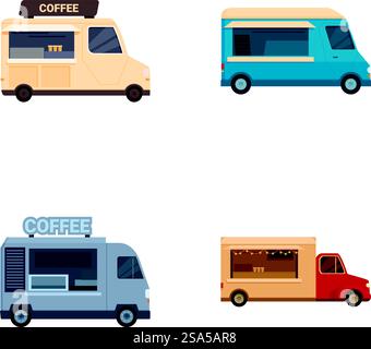 Set of four diverse styles of food trucks with coffee signage arranged on white background. Collection of colorful food trucks icons Stock Vector