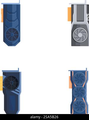 Graphic card icons set cartoon vector. Computer graphic card with cooling fan. Personal computer component. Graphic card icons set cartoon vector. Computer graphic card with cooling fan Stock Vector