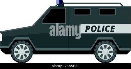 Armored police car with siren lights is parked on white background. Armored police car parked showing side view Stock Vector