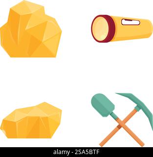 Gold rush icons set cartoon vector. Mining equipment and gold nugget. Goldmine. Gold rush icons set cartoon vector. Mining equipment and gold nugget Stock Vector