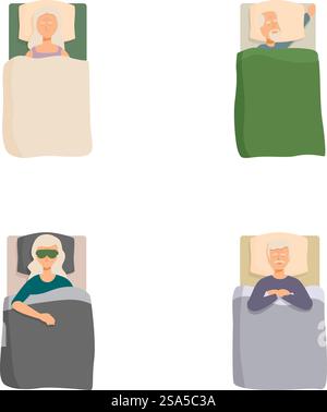 Set of four cartoon characters comfortably sleeping in their beds with blankets and pillows. Cartoon characters sleeping in beds set Stock Vector