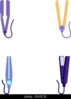Four isolated cartoon images of hair styling tools including straighteners and curlers. Set of cartoon hair straighteners and curlers Stock Vector