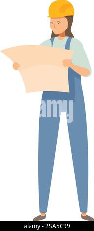 Construction worker is carefully examining a blueprint on a construction site. Female construction worker reading a technical drawing Stock Vector