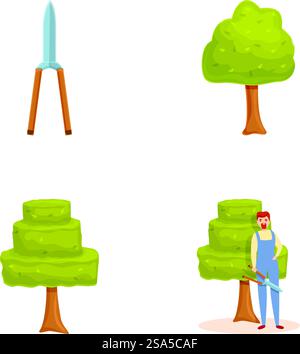 Trimming work icons set cartoon vector. Professional gardener with various tool. Backyard landscaping. Trimming work icons set cartoon vector. Professional gardener with various tool Stock Vector