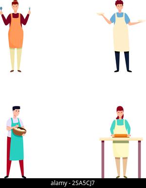 Collection of four illustrated chefs showcasing different culinary actions, isolated on white. Set of professional chefs in various poses Stock Vector