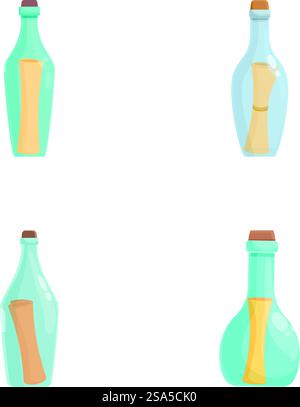 Illustration of four glass bottles with different colored beverages, isolated on white. Set of cartoon glass bottles with colorful liquids Stock Vector