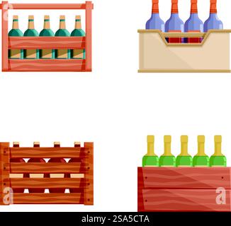 Vector illustration of four different wooden wine crates with bottles. Assorted wine bottle crates vector set Stock Vector