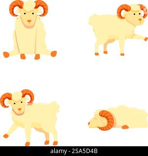 Collection of illustrated rams in different positions, perfect for graphics and children&rsquo;s content. Cartoon rams in various poses set Stock Vector
