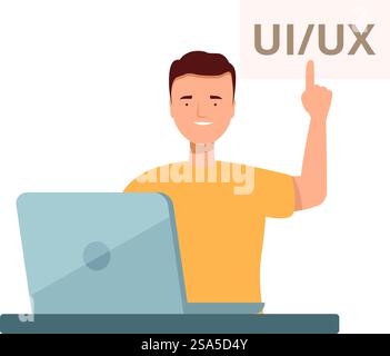Young adult man working as uiux designer on laptop and pointing at sign with his finger. Web designer pointing at uiux sign while working on laptop Stock Vector